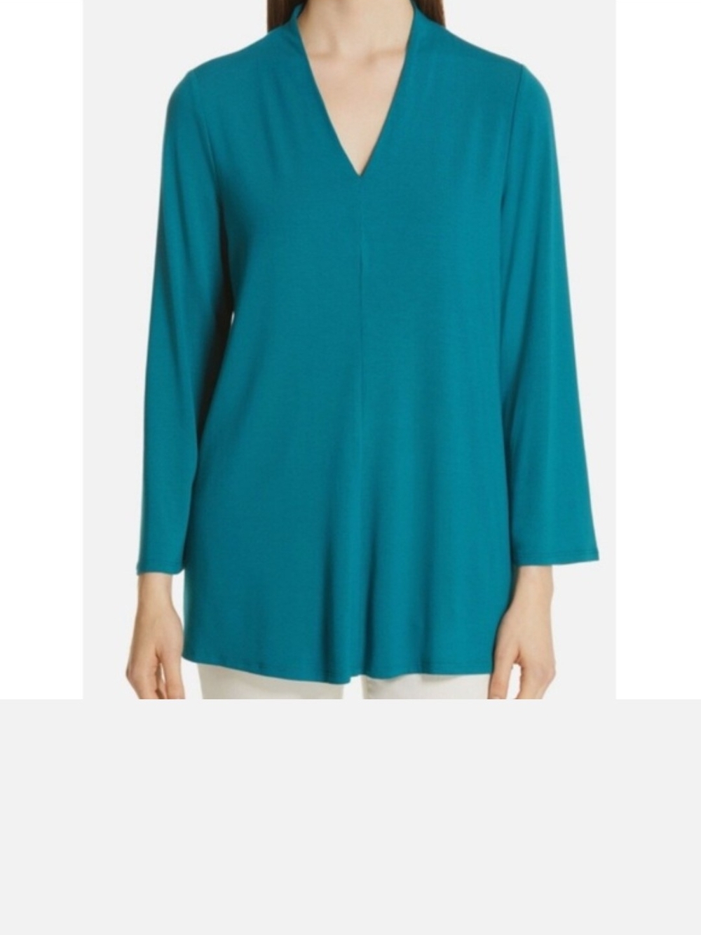 Eileen Fisher Relaxed Fit Classic Teal V-Neck Long-Sleeve Tunic